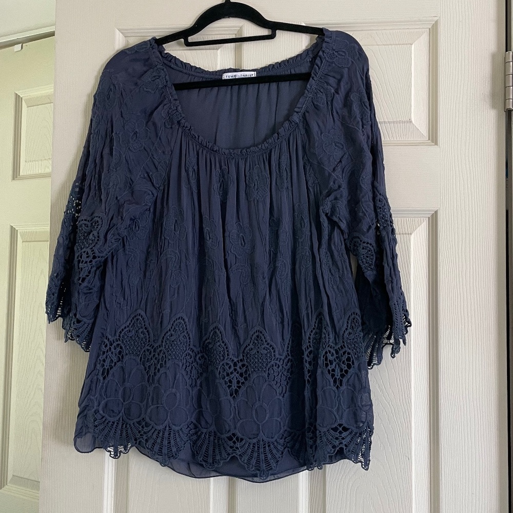 Women’s Peasant Blouse, Size M, Navy Blue, Lace by Tempo Paris